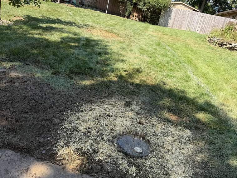 Finished lawn with a drainage basin lid set flush at the edge of a walk